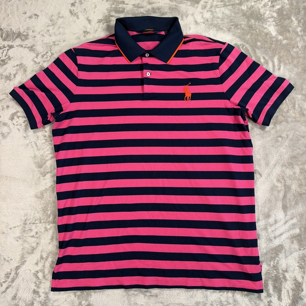 Ralph Lauren Polo Golf Shirt Pink Blue Striped Collared Orange Trim XL